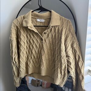 Mango Tan Cable-Knit Polo V-Neck Sweater
